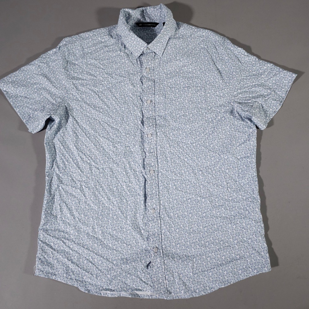 Travis Mathew Button Down Shirt Mens XL Blue Floral Geometric Short Sleeve